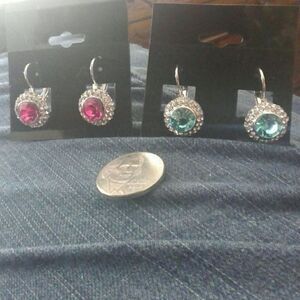 Pink & Blue TWO earrings dangle silver tone
